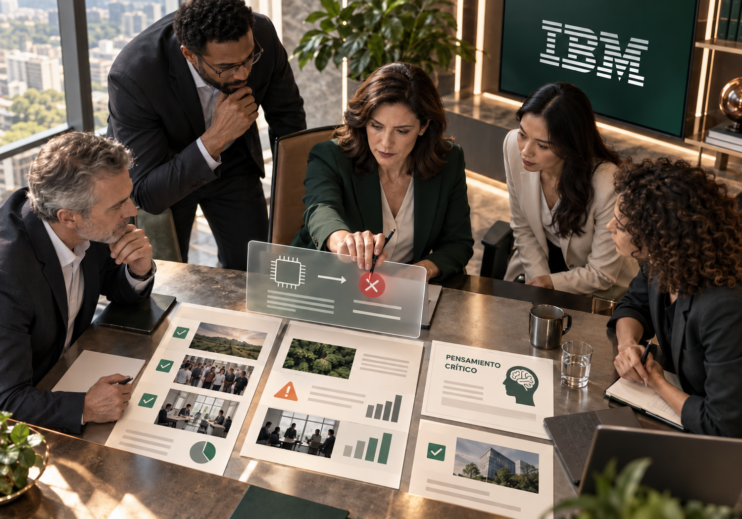 IBM CHRO 2026 y pensamiento crítico ante la IA Equipo directivo supervisando una recomendación de inteligencia artificial bajo la identidad visual de IBM