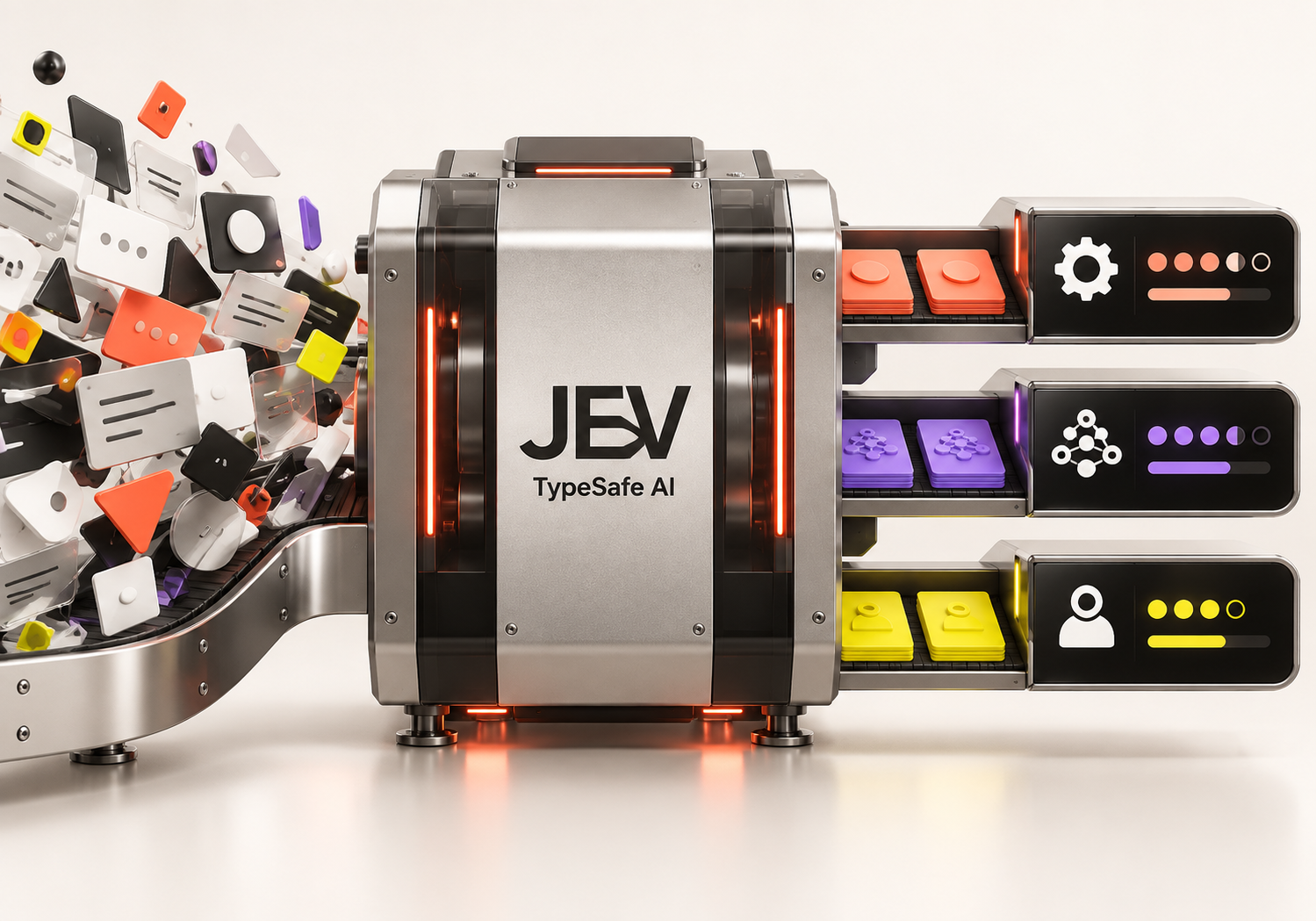 Jev de TypeSafe y la IA para decisiones tipadas Sistema de decisiones tipadas de Jev con rutas probabilísticas y la identidad visual de TypeSafe AI