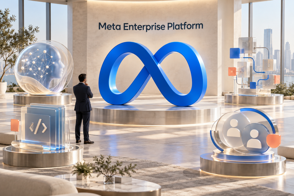 Meta Enterprise Platform y su nueva estrategia empresarial Símbolo de Meta integrado en una plataforma empresarial de inteligencia artificial con módulos de agentes y software
