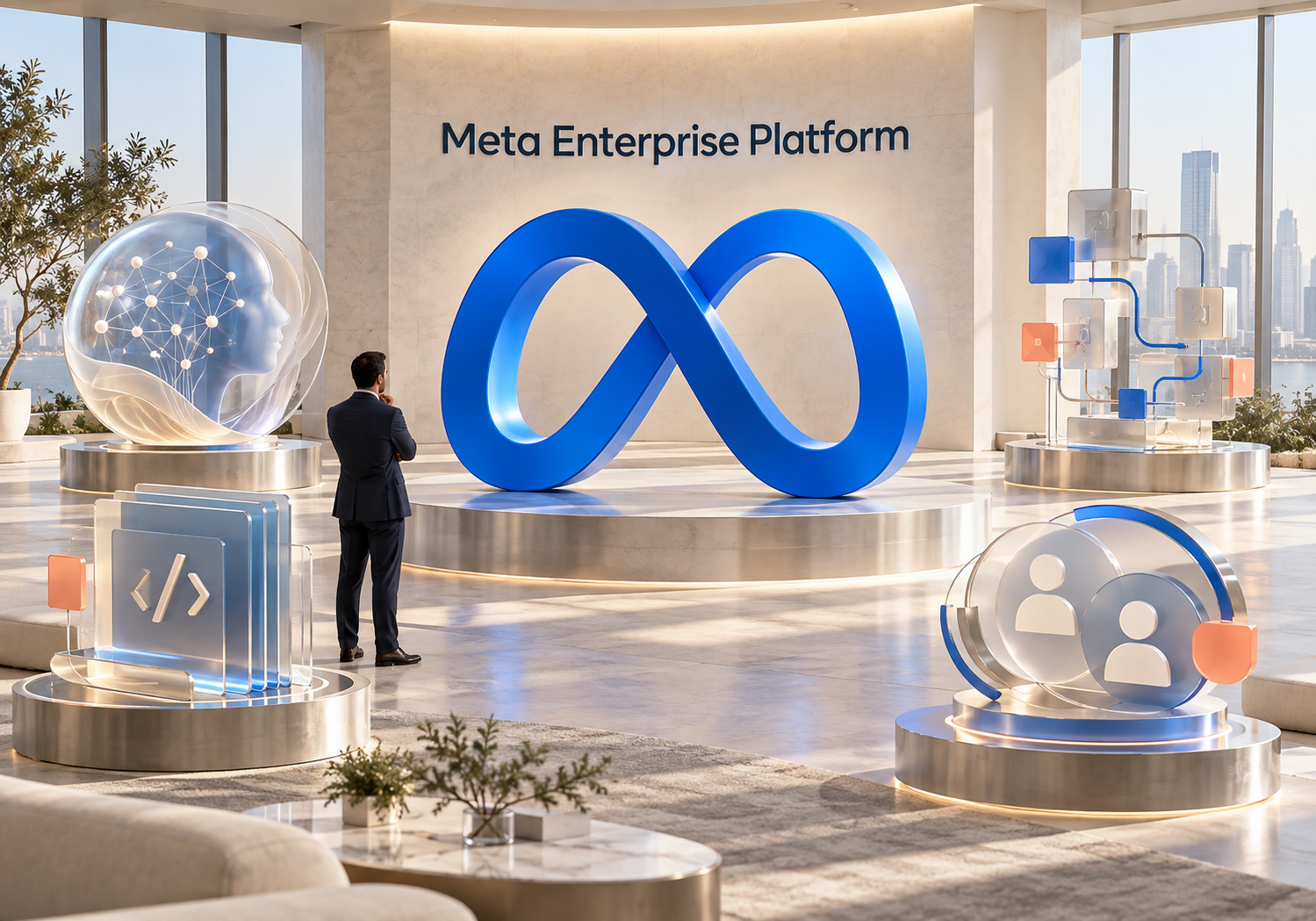 Meta Enterprise Platform y su nueva estrategia empresarial Símbolo de Meta integrado en una plataforma empresarial de inteligencia artificial con módulos de agentes y software