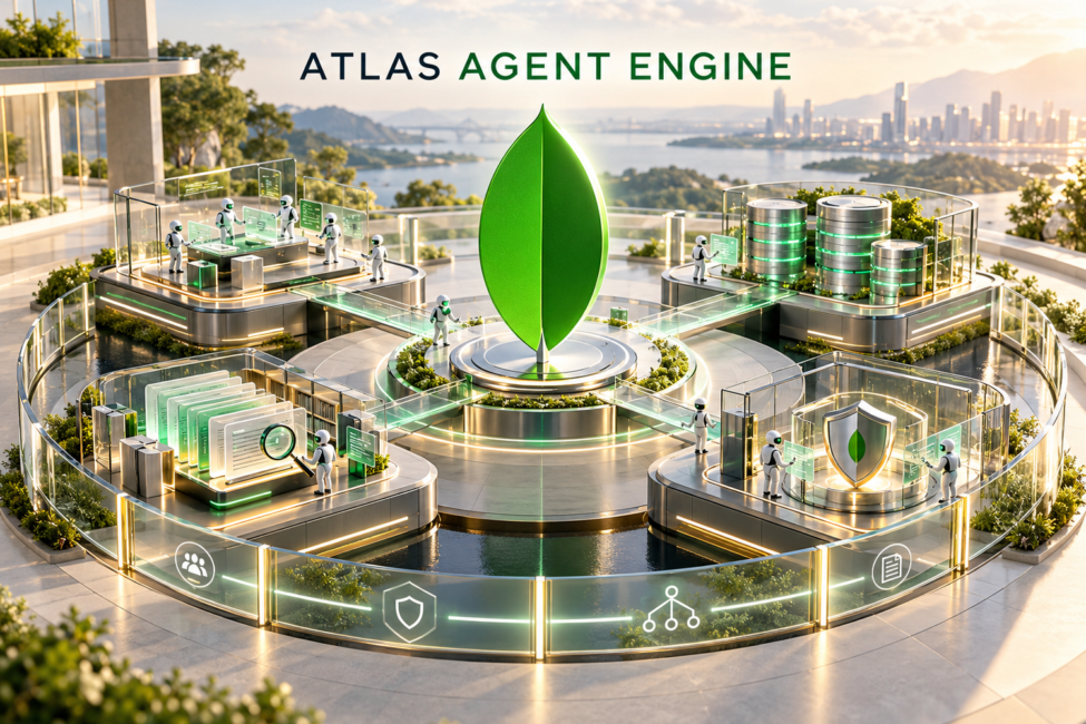 Identidad de MongoDB Atlas en una plataforma tridimensional con módulos de ejecución, memoria, recuperación y gobierno de agentes de IA