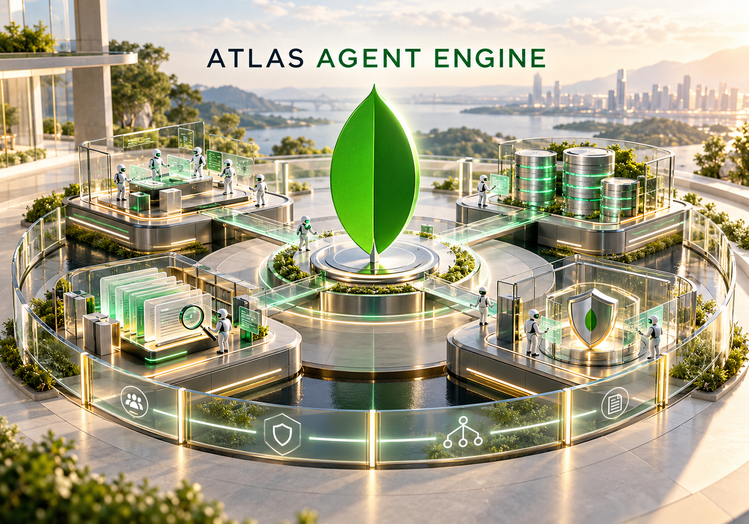 Identidad de MongoDB Atlas en una plataforma tridimensional con módulos de ejecución, memoria, recuperación y gobierno de agentes de IA