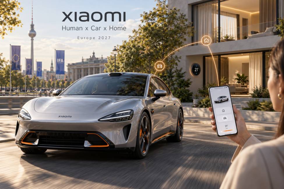 Vehículo eléctrico de Xiaomi conectado con un móvil y un hogar inteligente en Europa