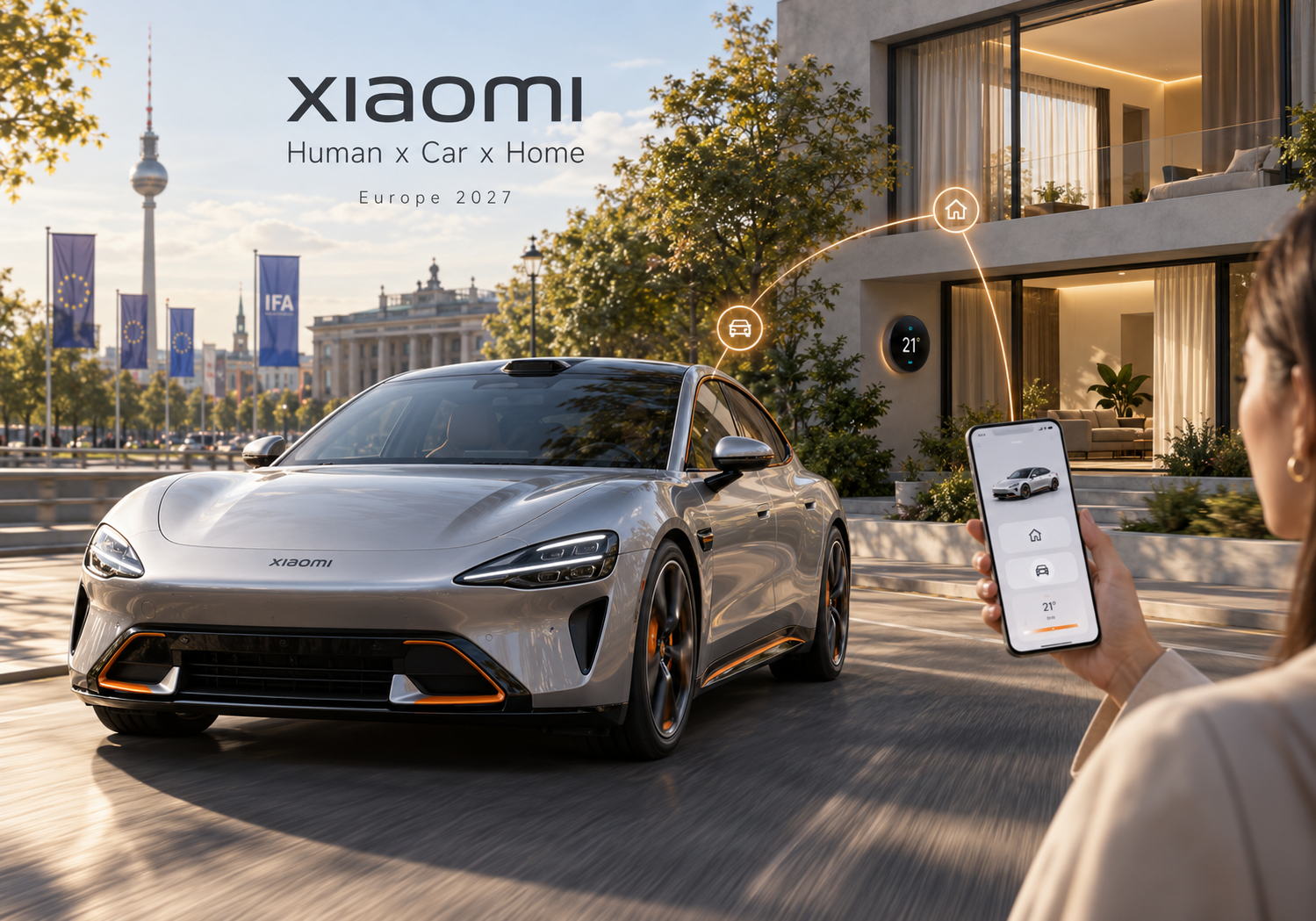 Xiaomi prepara sus coches eléctricos para Europa Vehículo eléctrico de Xiaomi conectado con un móvil y un hogar inteligente en Europa