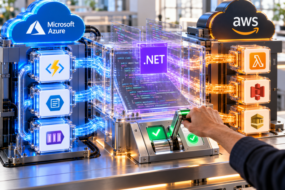 Código .NET pasa de servicios Microsoft Azure a AWS mediante una estación de transformación con revisión humana