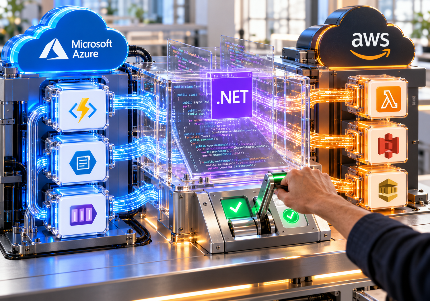 Código .NET pasa de servicios Microsoft Azure a AWS mediante una estación de transformación con revisión humana