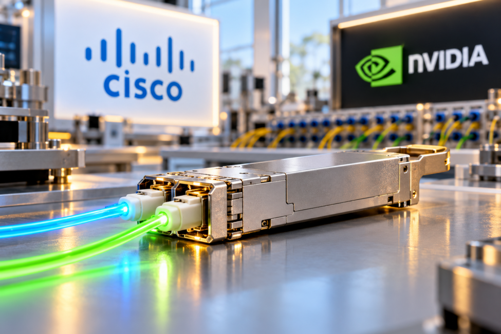 Módulo óptico enchufable con fibras luminosas y las identidades de Cisco y NVIDIA en un laboratorio de fotónica