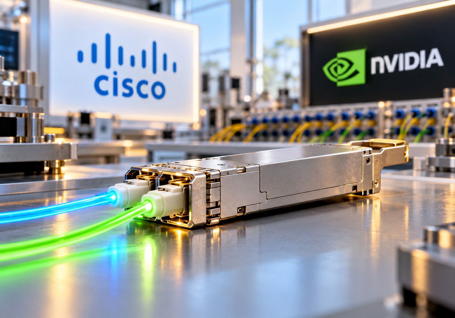 Cisco y NVIDIA desarrollan la óptica USFP de 400G Módulo óptico enchufable con fibras luminosas y las identidades de Cisco y NVIDIA en un laboratorio de fotónica