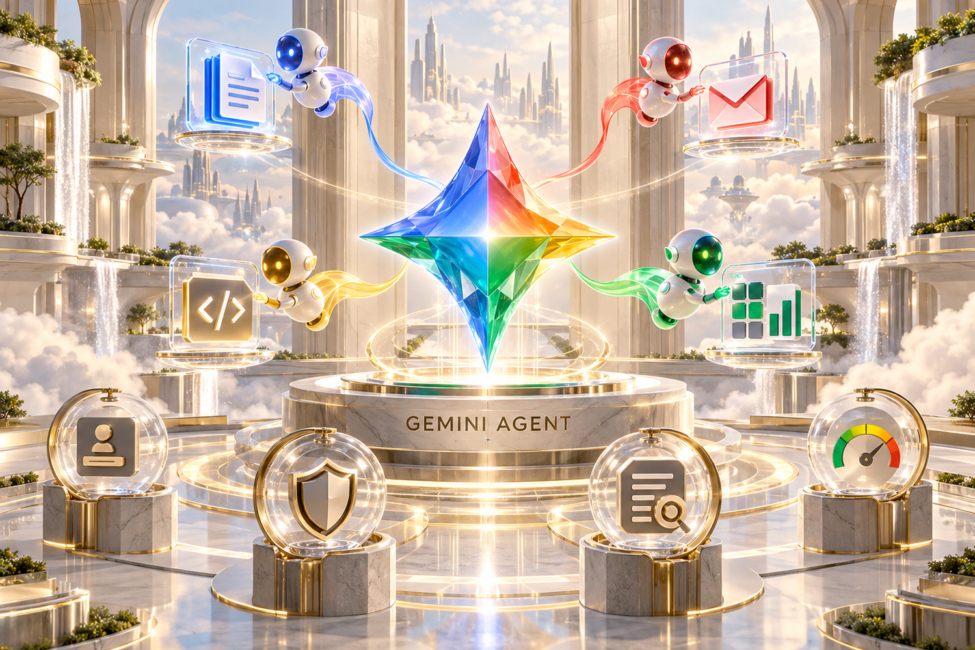 Google Gemini agent para el trabajo empresarial Estrella multicolor de Gemini como núcleo de un agente empresarial persistente con subagentes, aplicaciones y controles de gobierno