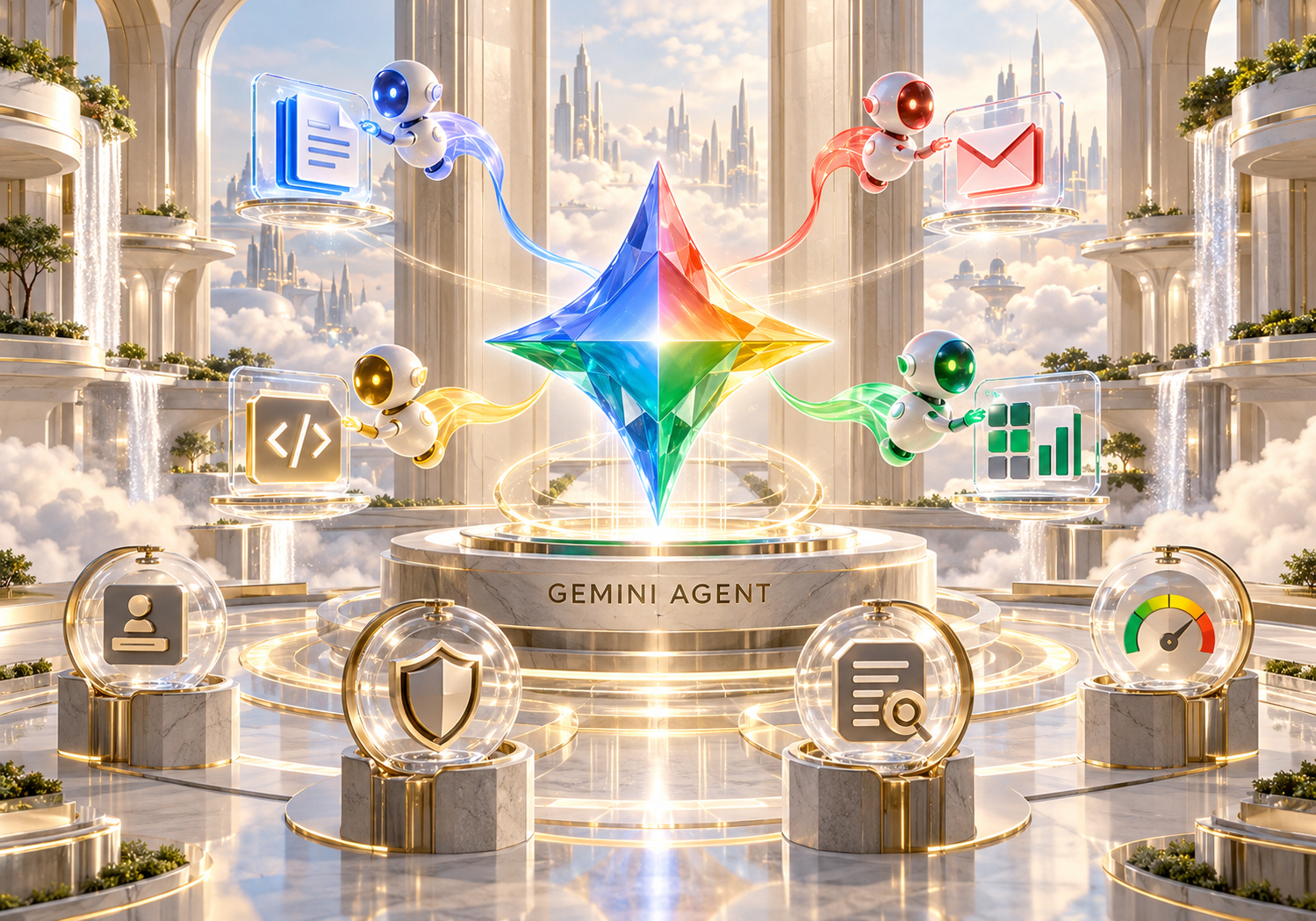 Google Gemini agent para el trabajo empresarial Estrella multicolor de Gemini como núcleo de un agente empresarial persistente con subagentes, aplicaciones y controles de gobierno