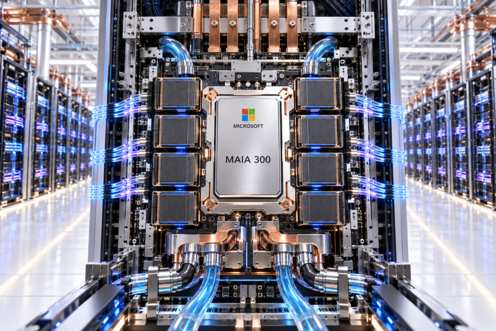 Microsoft Maia 300 para inferencia de inteligencia artificial Acelerador Microsoft Maia 300 integrado en un rack de inferencia con refrigeración y flujos de datos a gran escala
