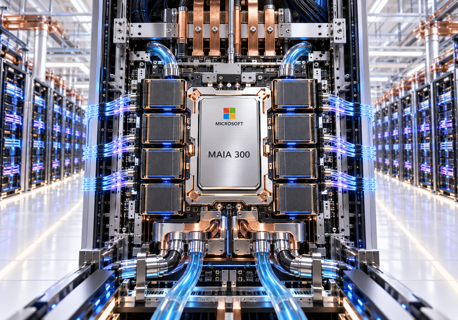 Microsoft Maia 300 para inferencia de inteligencia artificial Acelerador Microsoft Maia 300 integrado en un rack de inferencia con refrigeración y flujos de datos a gran escala