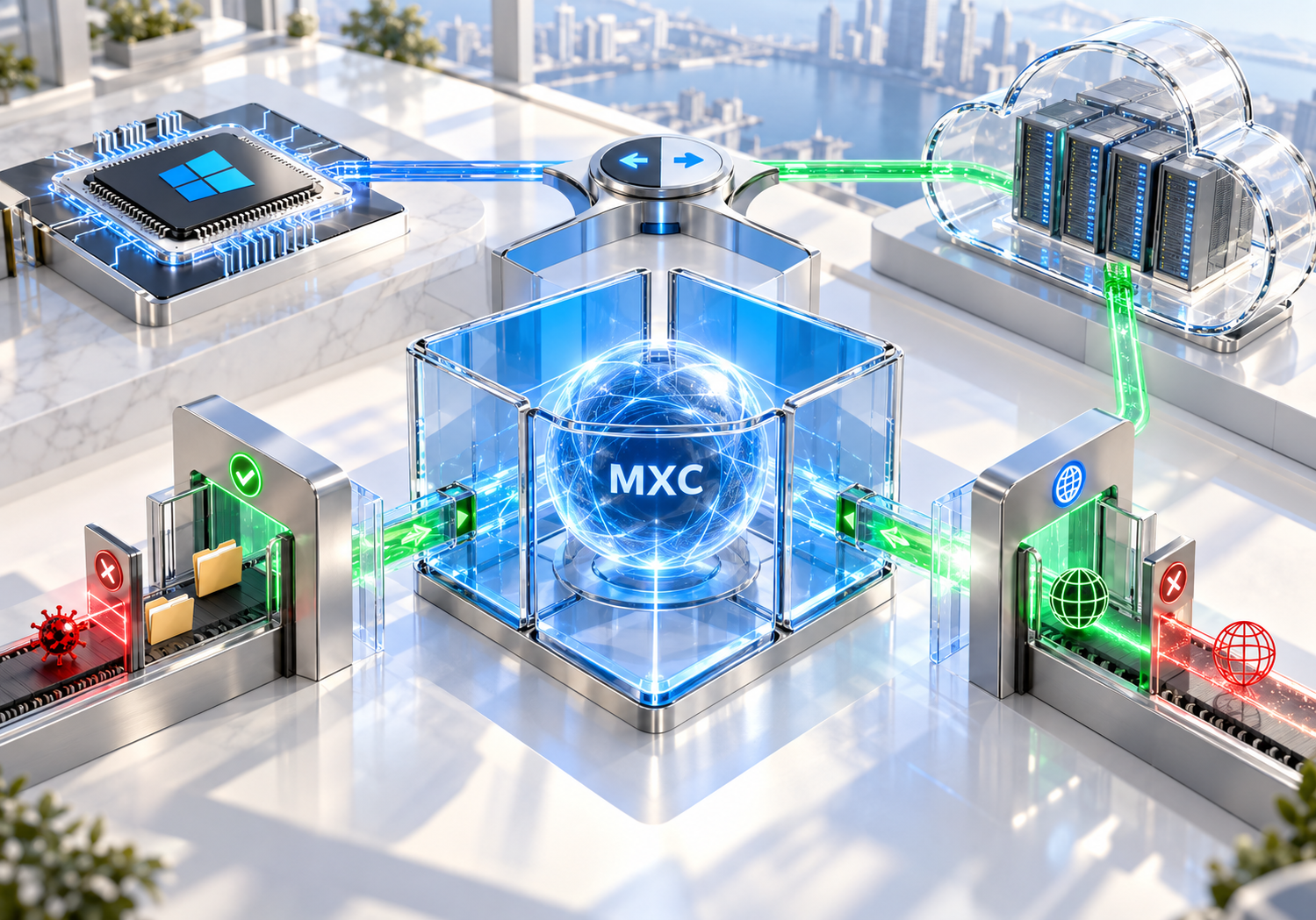Microsoft Execution Containers para agentes en Windows 11 Símbolo de Windows 11 convertido en una cámara MXC que controla el acceso de un agente de IA a archivos y redes