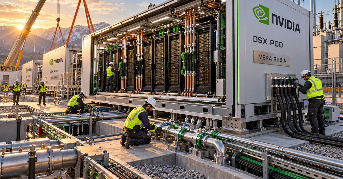 NVIDIA DSX POD — imagen social 1200×627 Módulo NVIDIA DSX POD con sistemas Vera Rubin preparado para despliegue industrial