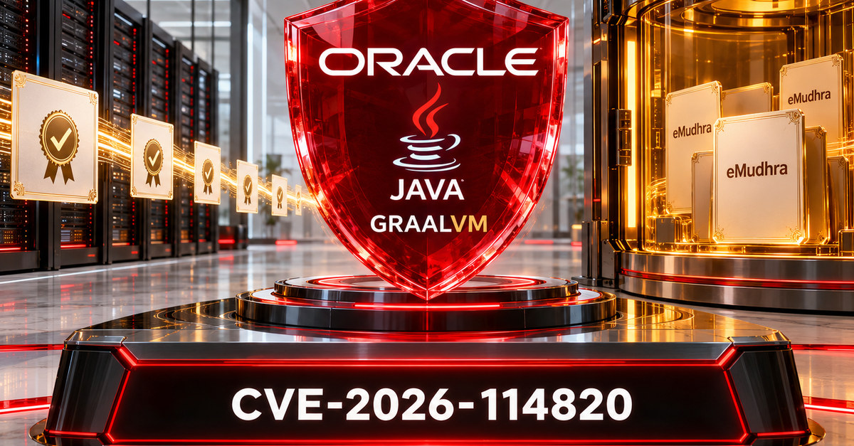 Oracle CVE-2026-114820 — imagen social PNG 1200×627 Oracle Java y GraalVM frente al riesgo vinculado a eMudhra