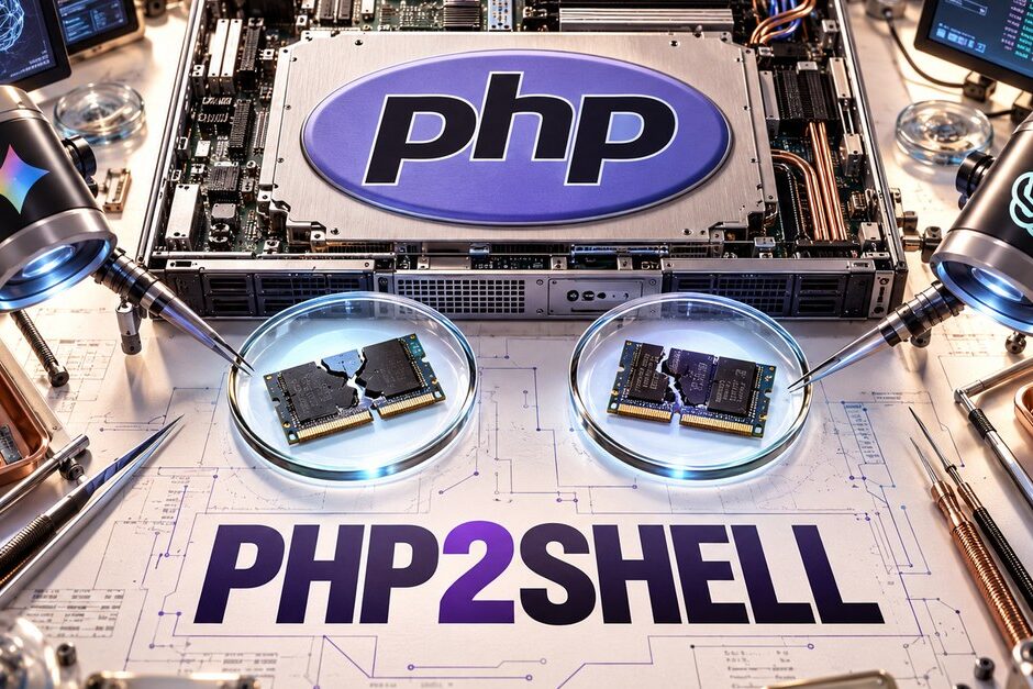 PHP y seguridad: análisis con IA Logotipo de PHP junto a módulos de memoria bajo análisis de inteligencia artificial, para los fallos PHP2Shell