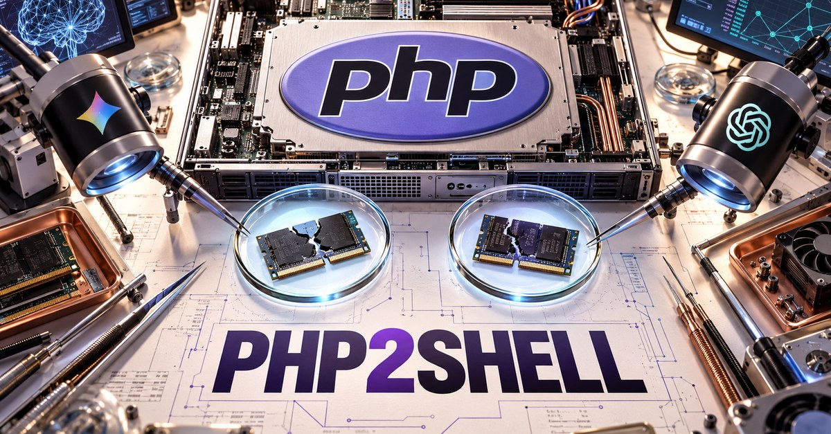 Logotipo de PHP junto a módulos de memoria bajo análisis de inteligencia artificial, para los fallos PHP2Shell
