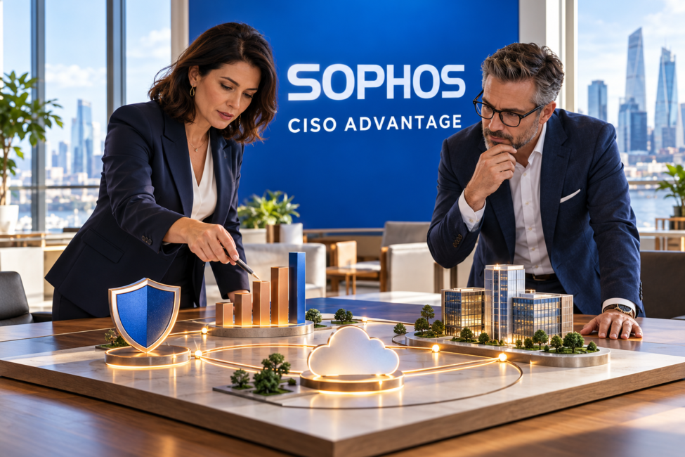 Responsable CISO y asesor MSP analizan una hoja de ruta de riesgo con la identidad visual de Sophos CISO Advantage