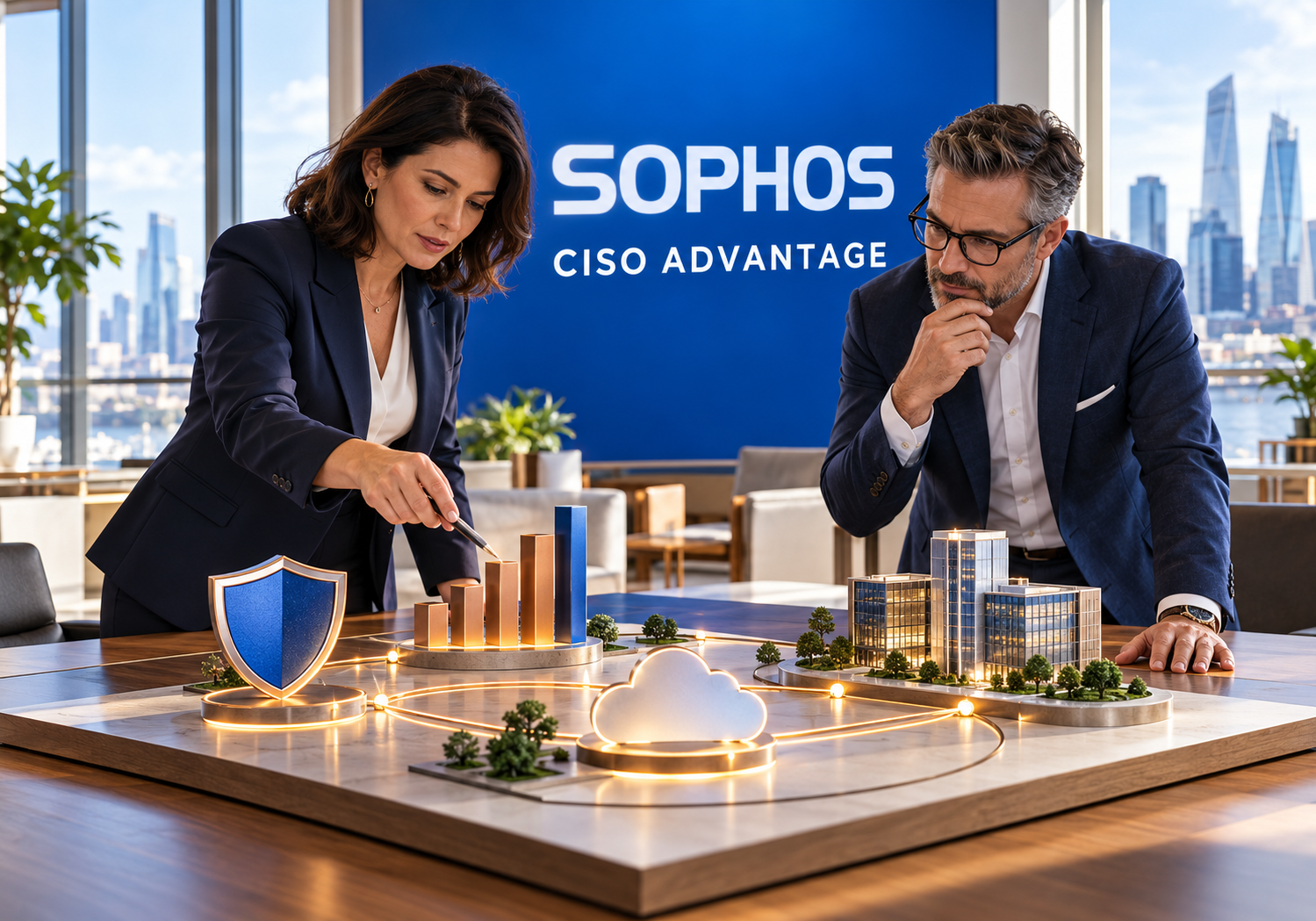 Sophos CISO Advantage para gobernar el ciberriesgo Responsable CISO y asesor MSP analizan una hoja de ruta de riesgo con la identidad visual de Sophos CISO Advantage
