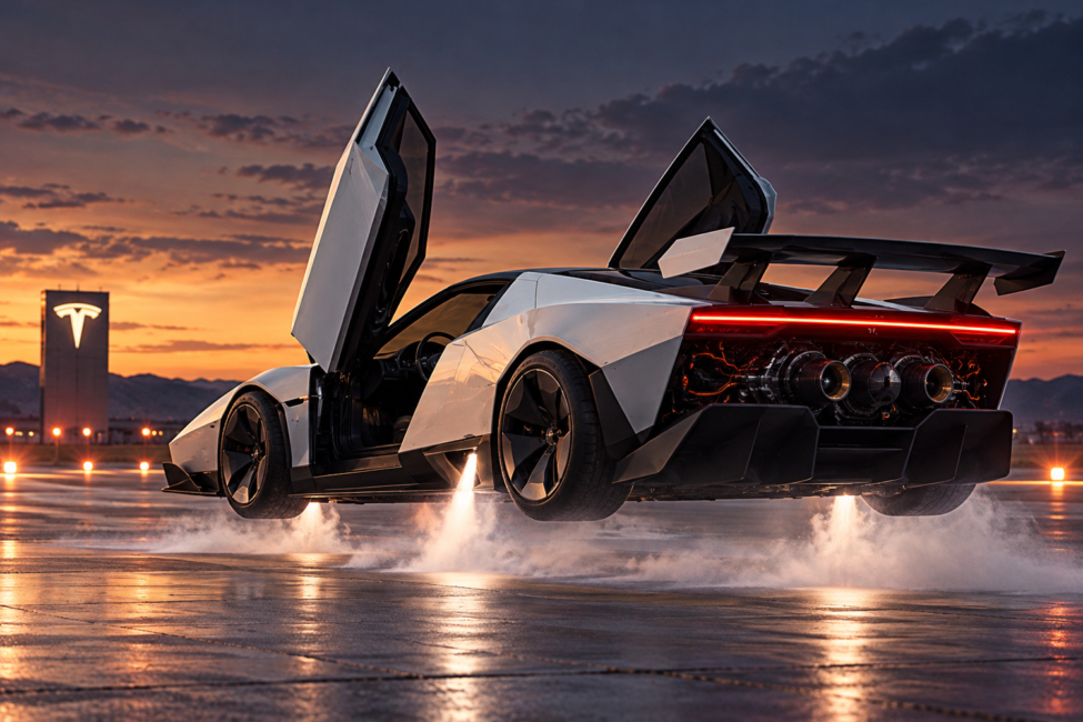 Tesla Roadster 2026 blanco y angular durante una prueba controlada con propulsores de gas frío